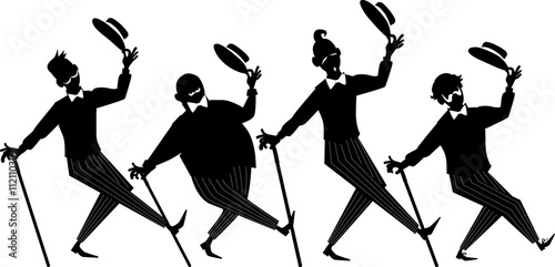 Black vector silhouette of a barbershop quartet performing a song and dance, EPS 8, no white objects