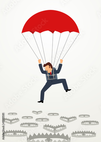 Businessman with parachute falling into bear traps