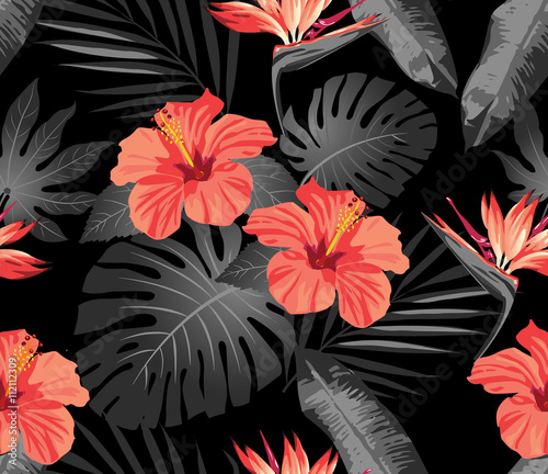 Fototapeta Naklejka Na Ścianę i Meble -  Tropical flowers and leaves on background. Seamless. Vector.