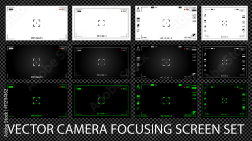 Modern digital video camera focusing screen with settings 12 in 1 pack. White, black and green viewfinders camera recording. Vector illustration