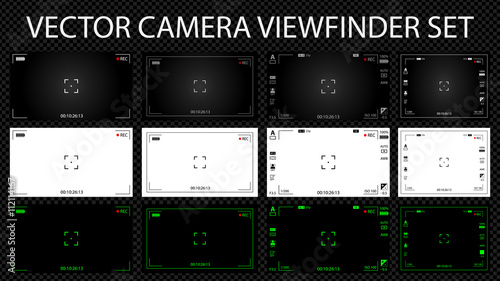 Modern digital video camera focusing screen with settings 12 in 1 pack. White, black and green viewfinders camera recording. Vector illustration