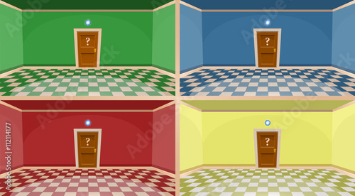4 colors cartoon secret door concept. Empty rooms with door. Vector illustration