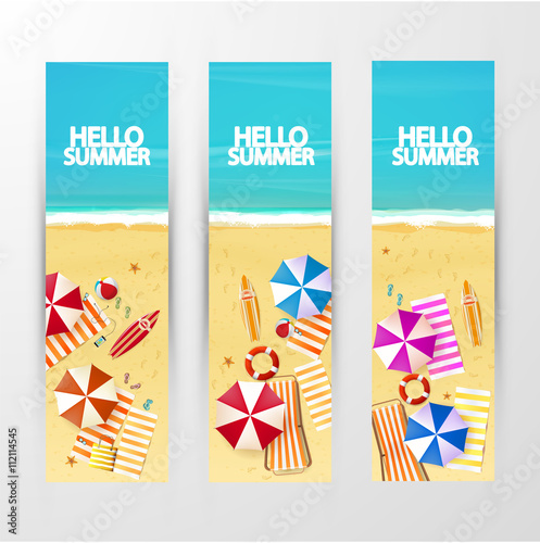Set of vector summer travel banners with beach umbrellas, waves and surfing board
