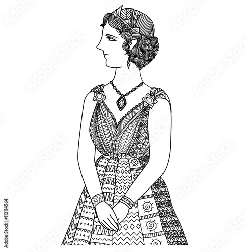 Clean lines doodle art design of Princess Elissa of cartage,design for T-Shirt graphic and adult coloring book