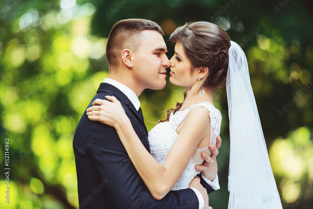 Wedding as a source of satisfaction. Groom and bride together. Bridal couple on wedding day.