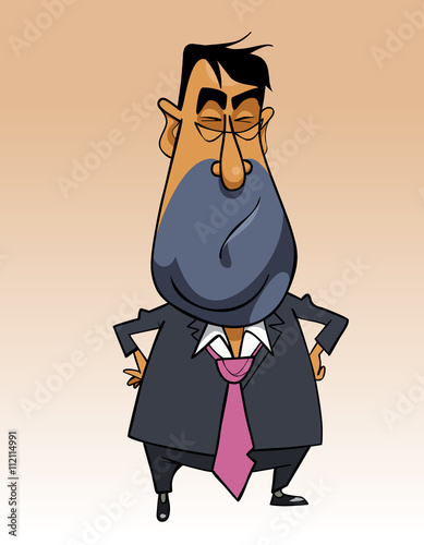 cartoon disgruntled man in a suit standing with hands on hips
