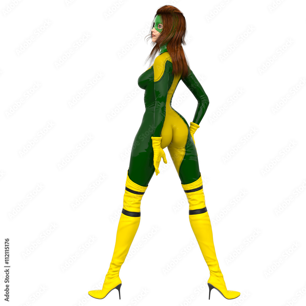 one girl in green yellow super suit. Standing posing back to camera one girl in green yellow super suit. Standing posing back to camera