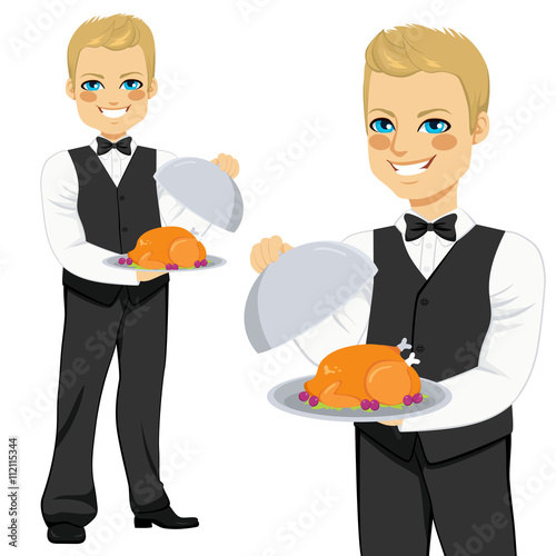 Young handsome blond waiter with tray serving roasted poultry