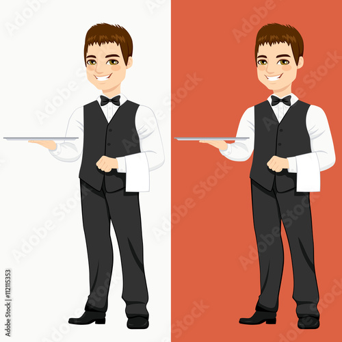 Young handsome waiter standing with empty silver tray in two different color versions