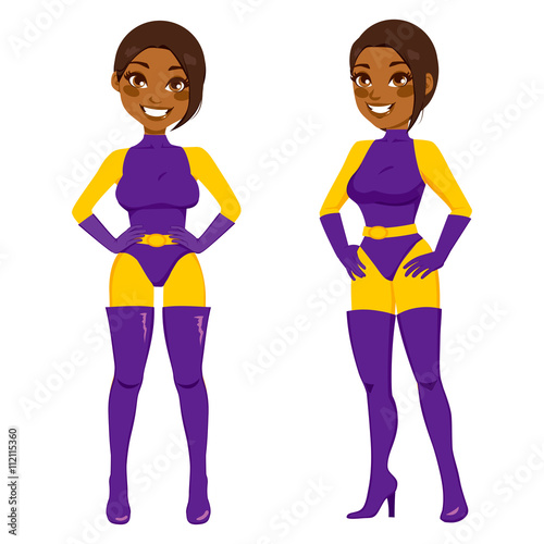 Illustration of beautiful african american sexy woman in front and side pose with purple superhero costume