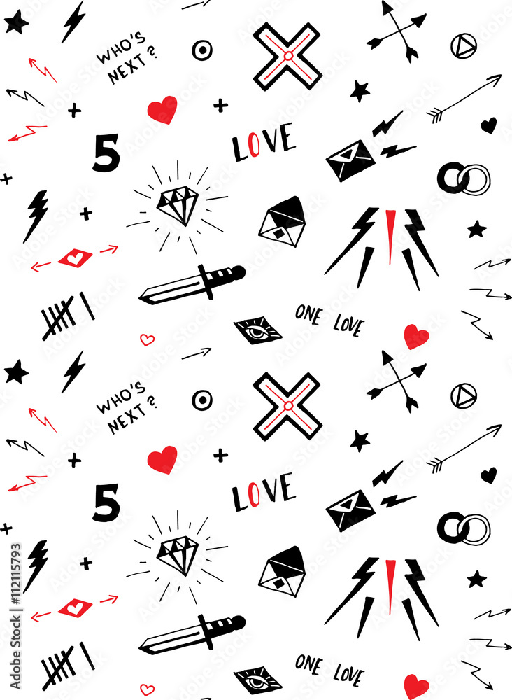 Vector pattern with old school tattoo elements. Black and white.