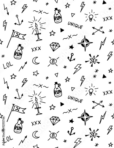 Vector pattern with old school tattoo elements. Black and white.