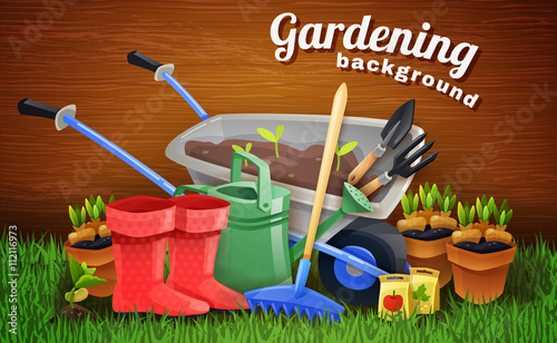 Colorful Gardening Background With Farm Tools 