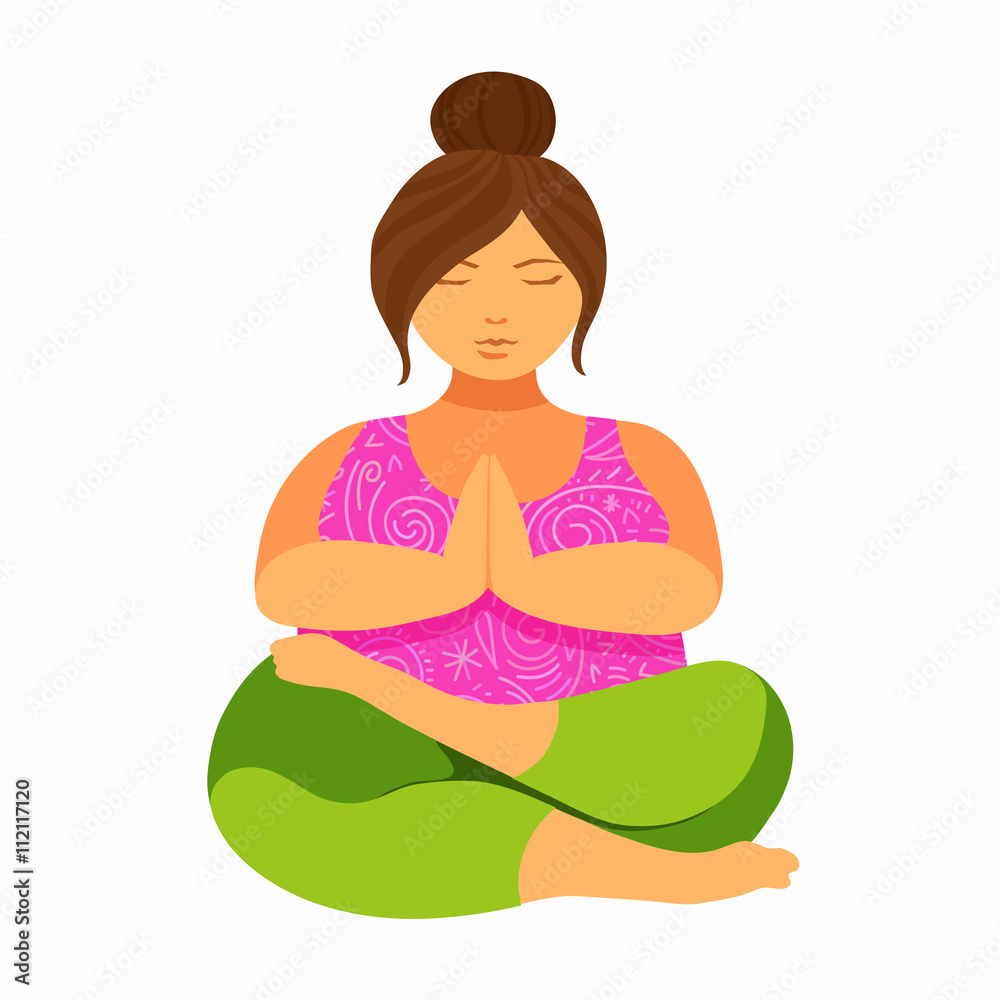Plus size young women doing yoga namaste lotus asana. Meditation and relax pose. Body love lifestyle healthcare illustration. Isolated on white background. Plus size young women doing yoga namaste lotus asana. Meditation and relax pose. Body love lifestyle healthcare illustration. Isolated on white background.