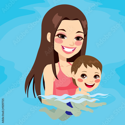 Beautiful brunette mom at swimming pool teaching her baby boy how to swim