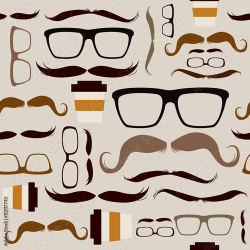 Seamless pattern background with different hipster glasses mustaches elements