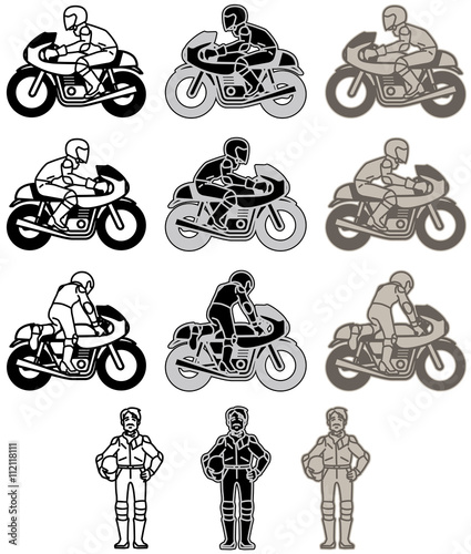 モーターサイクル-カフェレーサータイプ+ライダー（フラットデザイン）モノクロームバリエーションセット