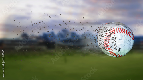Photography 3d illustration of flying baseball leaving a trail of dust and smoke