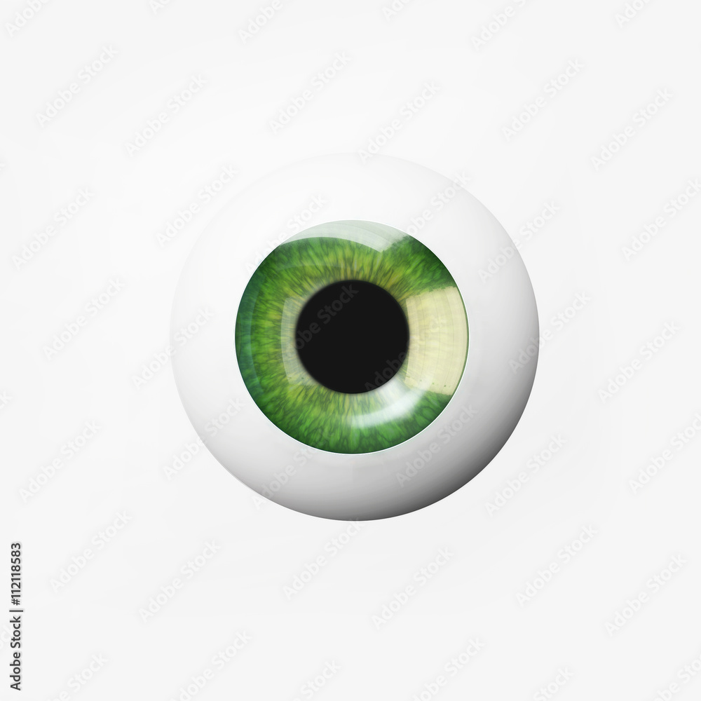 3d illustration of green eye on white background. Blue iris close up. 3d illustration of green eye on white background. Blue iris close up.