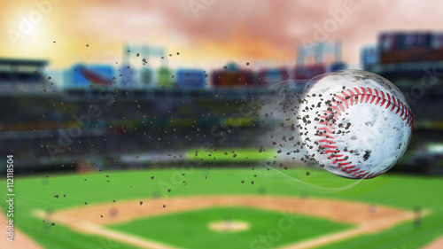 Photography 3d illustration of flying baseball leaving a trail of dust and smoke