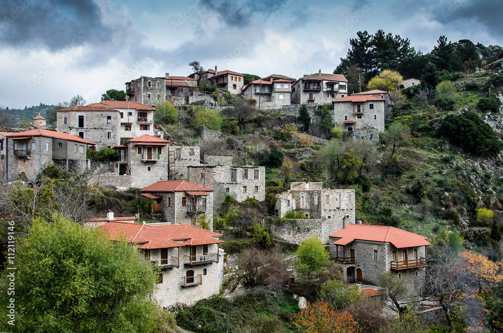 Beautiful traditional achitecture on mountain of Mainalo.Stemnitsa village,Peloponnese.Greece