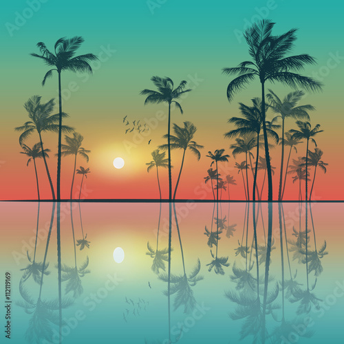 Tropical palm trees at sunset. Highly detailed and editable