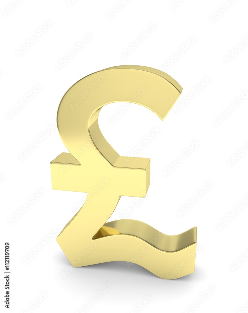 Isolated golden pound sign on white background. British currency. Concept of investment, european market, savings. Power, luxury and wealth. Great Britain, Nothern Ireland. 3D rendering.