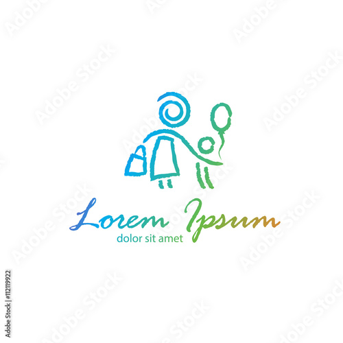 Mom is holding a child with a balloon. Vector hand drawing logo.