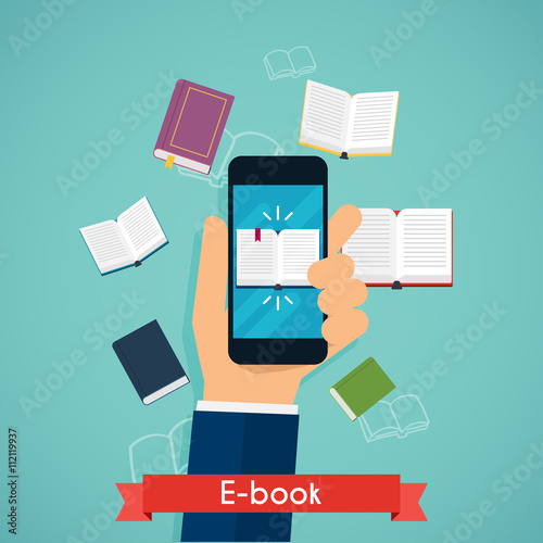 Hand holding mobile smart phone with book icon displayed. Digita