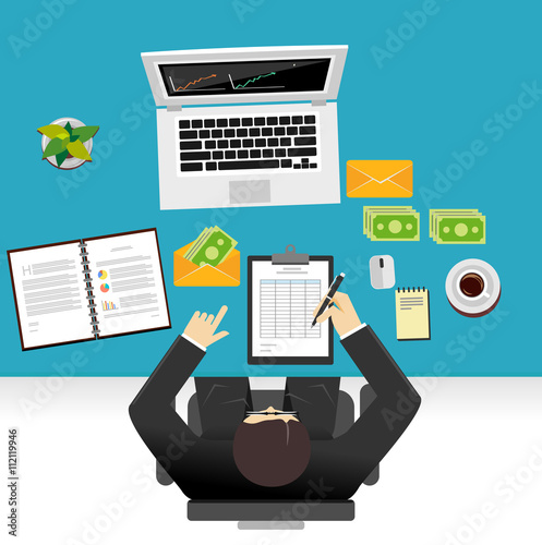 Manager counting out money at desk checking on a payment for banking
