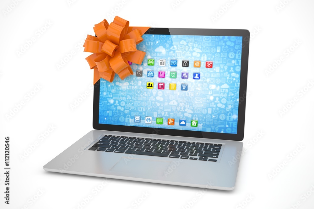 Tied laptop with red bow on white background. Modern present or gift for birthday, holiday, christmas. 3D rendering. Tied laptop with red bow on white background. Modern present or gift for birthday, holiday, christmas. 3D rendering.