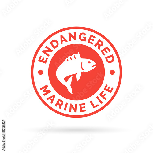 Endangered fish icon badge. Endangered marine species sign. Over fishing symbol. White jumping fish icon on red circle background. Vector illustration.