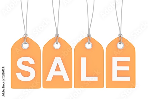 Orange isolated sale labels on white background. Price tags. Special offer and promotion. Store discount. Shopping time. 3D rendering.