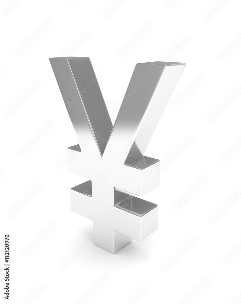 Obraz premium Isolated silver yen yuan sign on white background. Chinese japanese currency. Concept of investment, asian market, savings. Power, luxury and wealth. 3D rendering.