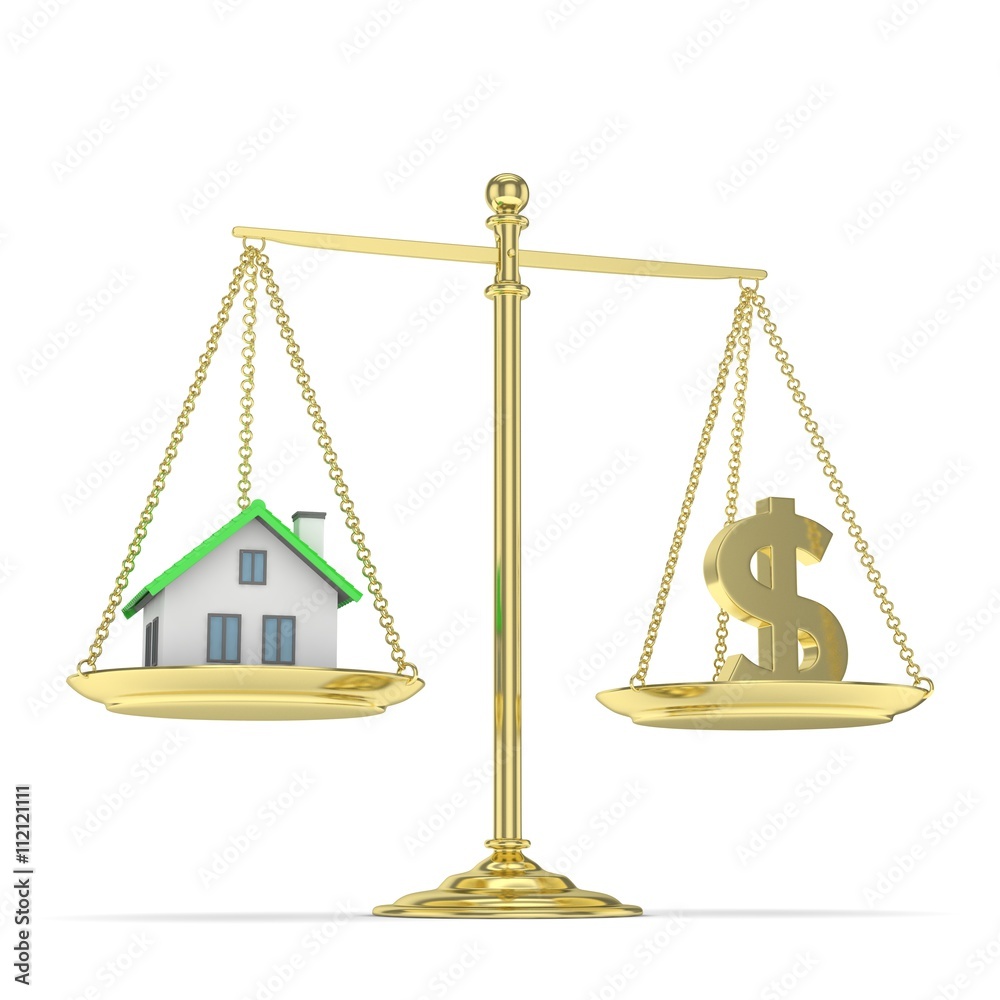 Isolated golden scales with golden dollar and house on white background. Investment or savings concept. Real estate and currency. 3D rendering. Isolated golden scales with golden dollar and house on white background. Investment or savings concept. Real estate and currency. 3D rendering.