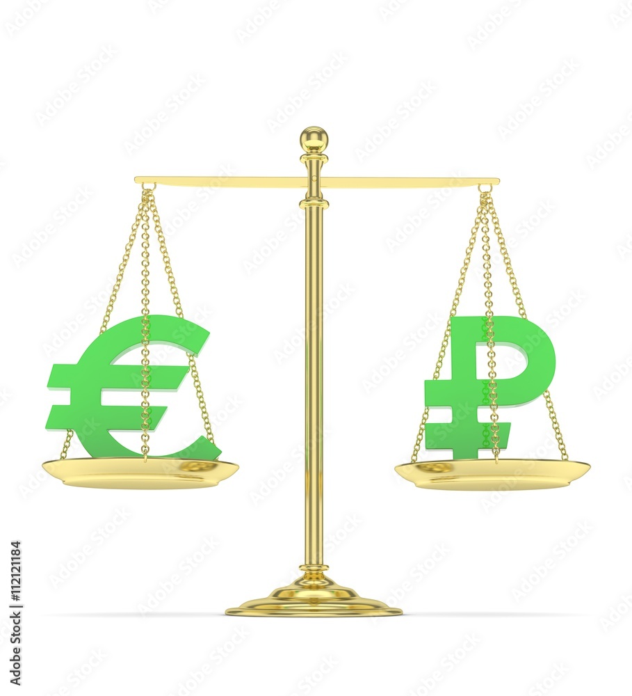 Isolated golden scales with green euro and ruble currency. Russian and european finance. Measuring of market stability. 3D rendering. Isolated golden scales with green euro and ruble currency. Russian and european finance. Measuring of market stability. 3D rendering.