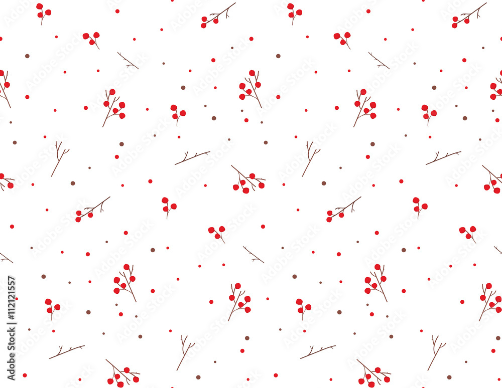 Seamless vector pattern with a sprig of mountain ash. Bright red balls for the cover or wrapping paper, fabric.
