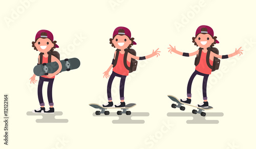 Set guy riding on a skateboard. Vector illustration