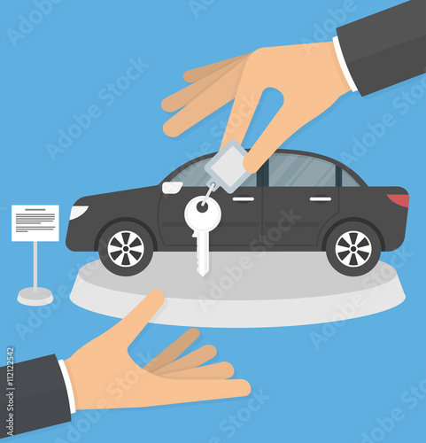 Dealership agent giving car key to a customer with a car in the background concept. Hand giving car keys to another hand. Flat design