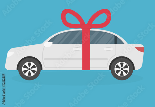 Gift car icon with red ribbon and bow. Flat style