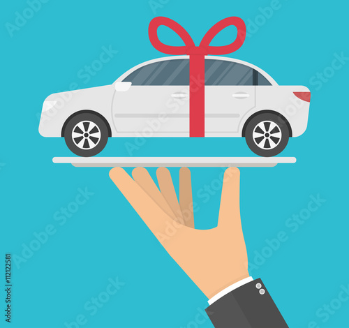 Hand holding white gift car with a red bow on it on a serving tray. Flat style