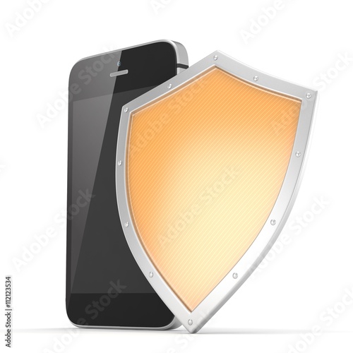 Smartphone and shield on white, security concept. 3d rendering.