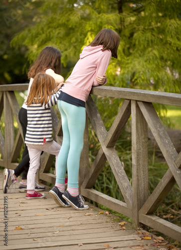Standing on Tippy Toes. A young girl is standing on her tippy toes to peer over the railing on a bridge to watch the ducks below. She is with her two younger sisters.