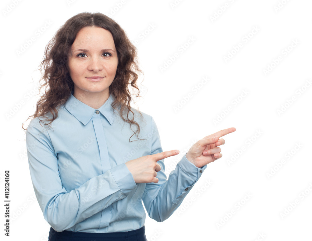Smiling young business woman pointing her finger Smiling young business woman pointing her finger