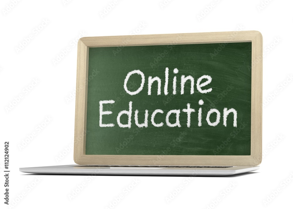 Fototapeta premium Laptop with chalkboard, online education concept. 3d rendering.