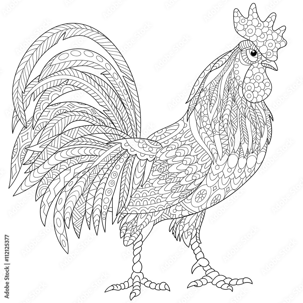 Zentangle stylized cartoon rooster (cock), isolated on white background.  Hand drawn sketch for adult antistress coloring page, T-shirt emblem, logo  or tattoo with doodle, zentangle design elements. Stock Vector | Adobe Stock