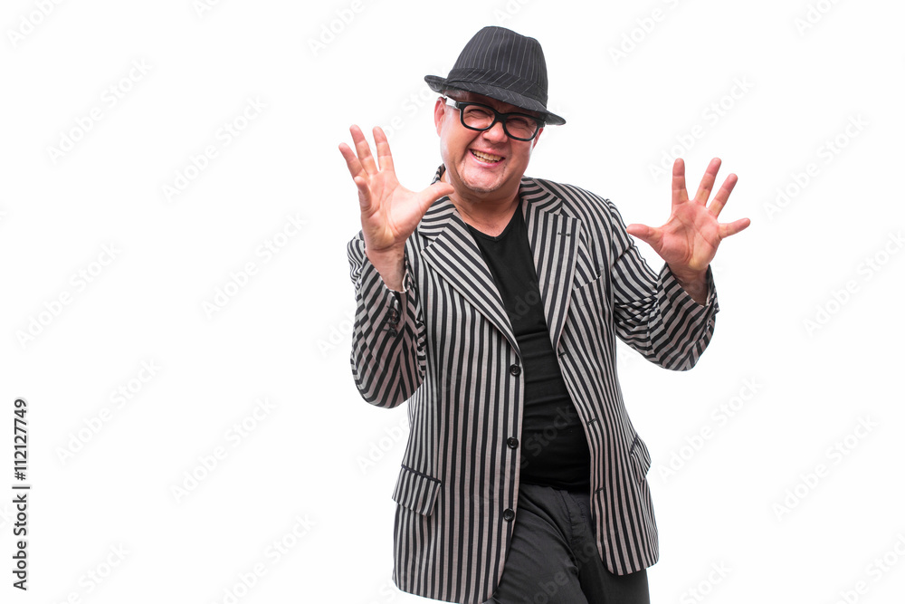 Handsome man in suit demonstrate different gesture on white background