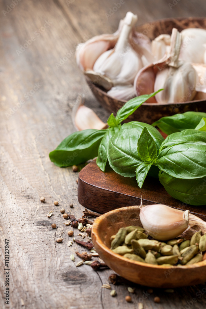 basil, garlic, different spices basil, garlic, different spices
