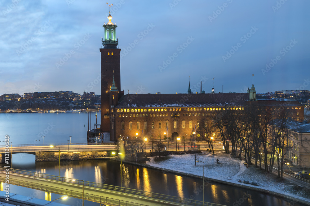 View on the Stockholm City Hall in the Gamla Stan (Old Town) at night, 
Sweden