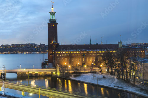 View on the Stockholm City Hall in the Gamla Stan (Old Town) at night, Sweden